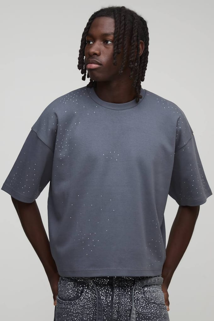 Oversized Ingekrompen Boxy Rhinestone Heavyweight Interlock T-Shirt | Charcoal | Size Medium