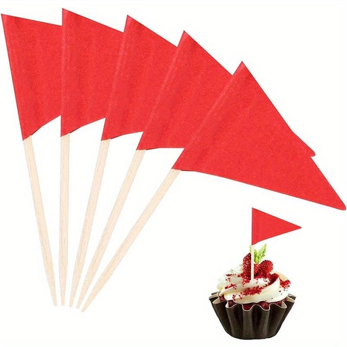 100 Stuks Tandenstokervlaggen Mini Klein Rode Driehoek Stok Toppers Blanco Vlag Fruit Kaas Markeer Vlaggen voor Bruiloft Feest Buffet Voorgerechten 100pcs rood