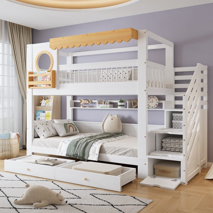 PHOEBE CAT Stapelbed - 90x200 cm - 2 lades - Kinderbed - Met opbergplank - Wit + Natuurlijke