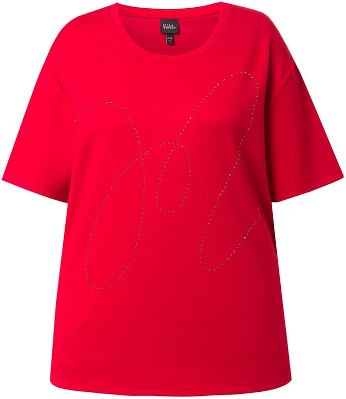 Ulla Popken - Dames - Sweatshirt siersteentjes ronde hals korte mouwen modalmix - Lychee - Maat 42+