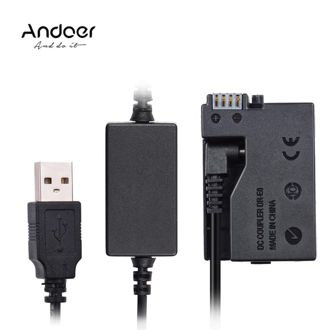 Andoer DR-E8 USB Power Kit AC-adapter Vervangende DC-koppeling Dummy-batterij Enkele USB-ingang zwart