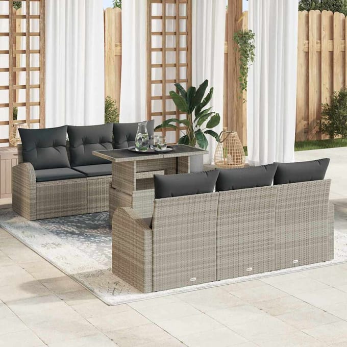 vidaXL Tuinbank Set met kussen met opslag 7 pcs Lichtgrijs Poly Riet