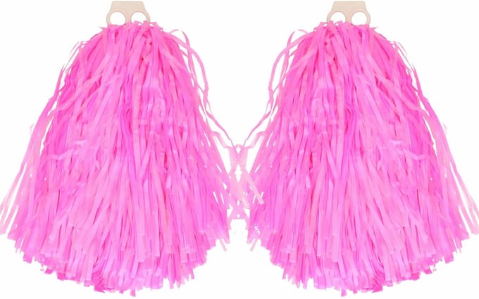 Cheerballs/pompoms - 2x - roze - met franjes en ring handgreep - 28 cm