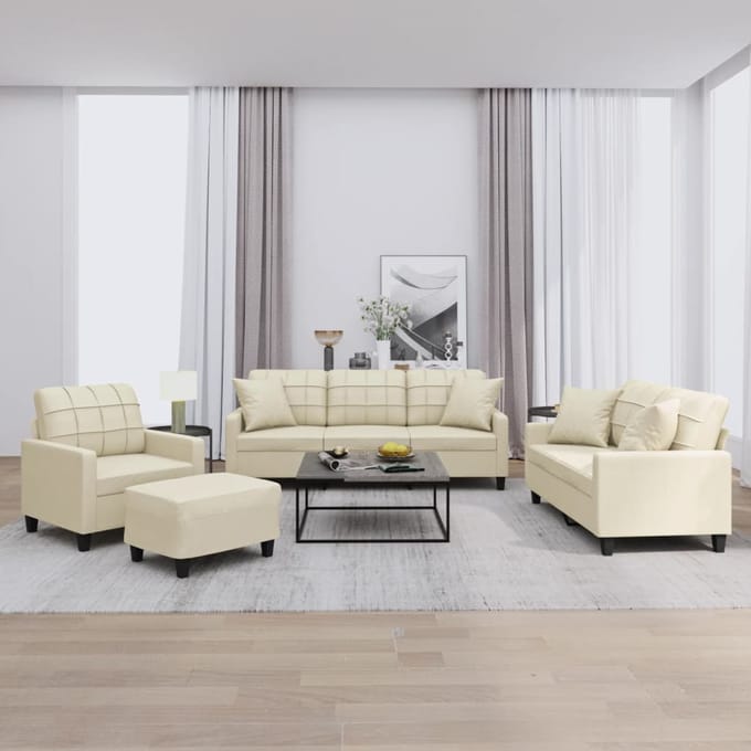 vidaXL - 4-delige - Loungeset - met - kussens - kunstleer - crèmekleurig