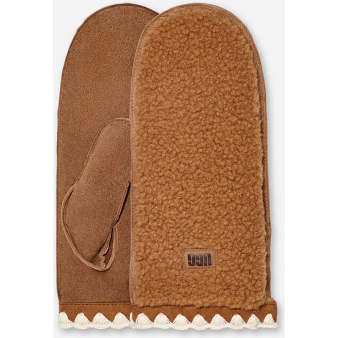 UGG® UGG fluff Scalloped Mitten for Women in Brown, Size S/M, Leather/Fleece/Polyester