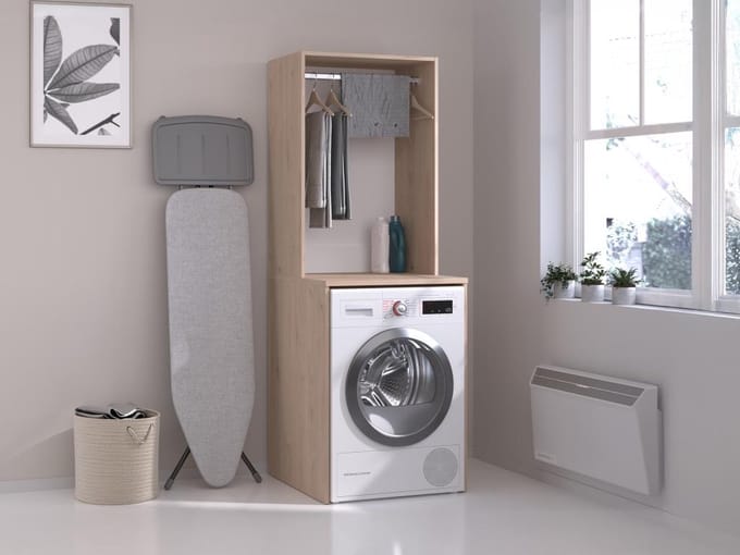Vente-unique Meubel voor wasmachine met hanggedeelte - Licht naturel - L65 x H184 cm - ERKANO