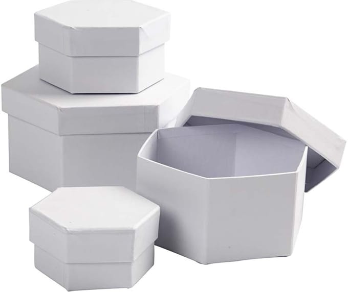 Hexagonale Dozen, H: 4+5+6+7 cm, d 6,5+8+10+12 cm, wit, 4 stuk/ 1 set