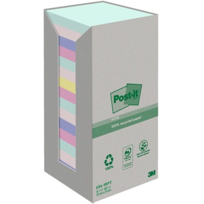 Post-it® Notes, Gerecycleerd, Toren, Regenboog, 76 x 76 mm, 16 Blokken