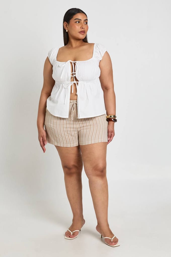 boohoo Dames Plus Gestreepte Shorts Met Trekkoord | Steen | Maat: 56