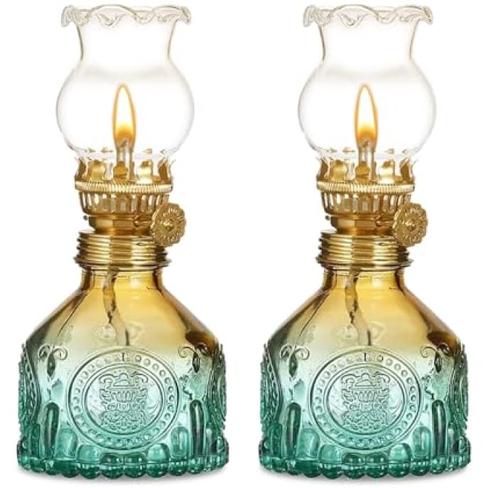 Set van 2 retro glazen olielampen met instelbare vlam - sfeerverlichting voor binnen