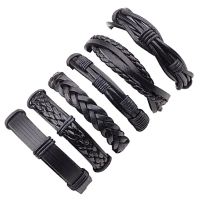 Fako Bijoux® - Armband Leer - Set Deluxe - 6 Stuks - Zwart