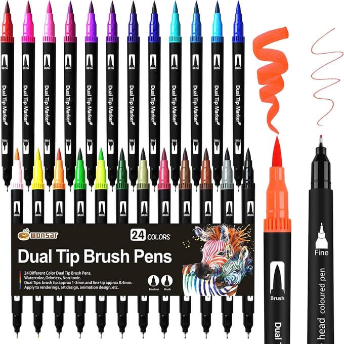 Aquamarkers - Brush Pen Set - 24 Kleuren - Dubbelpunt - Waterbasis Inkt - Voor Creatieve Hobby's