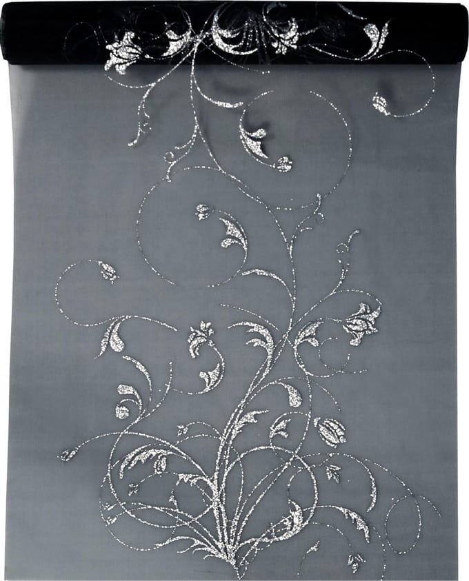 PartyDeco - Organza met print zwart-zilver (9 mtr)