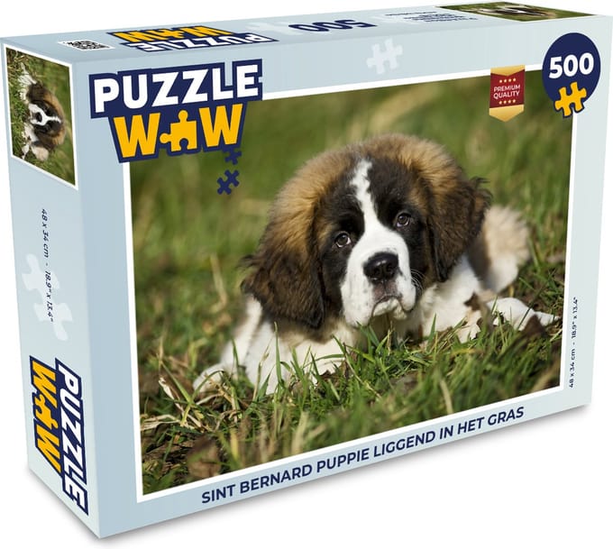 Puzzel Sint Bernard puppie liggend in het gras - Legpuzzel - Puzzel 500 stukjes