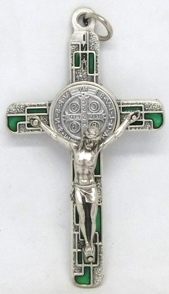 GTBITALY 10.674.31 ms Kruis van Sint Benedictus, Zilver, Emaille, Mozaïek, met 8 cm Ring, Exorcisme, Smaragdgroen