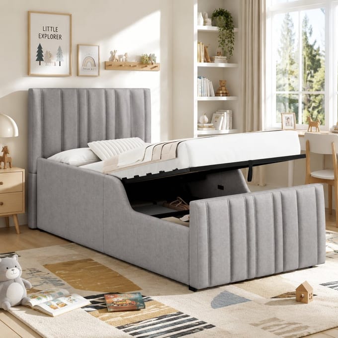 PHOEBE CAT Kinderbed - 90 x 200 cm - Hydraulische functie - Opbergruimte - Gestoffeerd bed - Linnen - Grijs