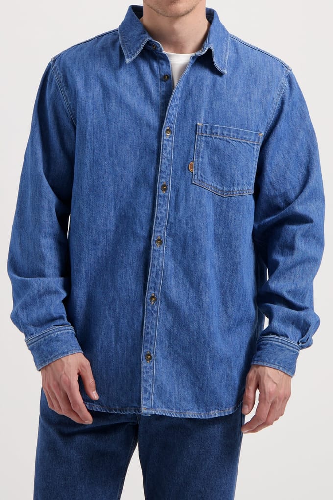 Mud Jeans Chris Denim Shirt Medium Stone Größe: S | Casual hemden Outlet | Herren | Blau