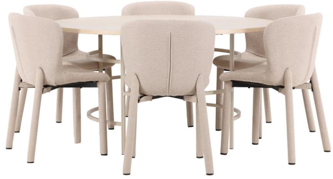 Copenhagen eethoek tafel Ø140cm en 6 stoelen whitewash, beige.