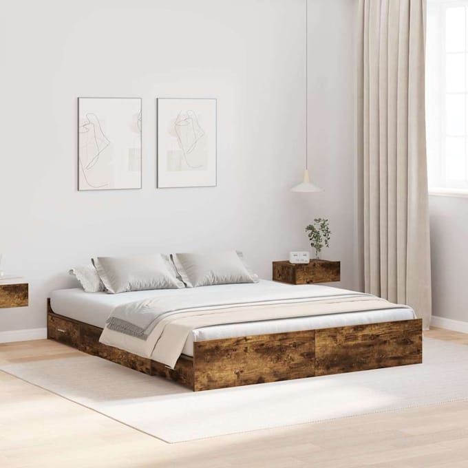 vidaXL - Opbergbedframe - met - lade - Rook - Eiken - 140 - x - 190 - cm - Bewerkt - hout