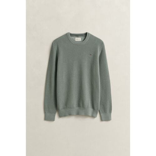 Gant Trui Solid Color Micro Textured Cotton Crew Neck Ceramic Grey / male