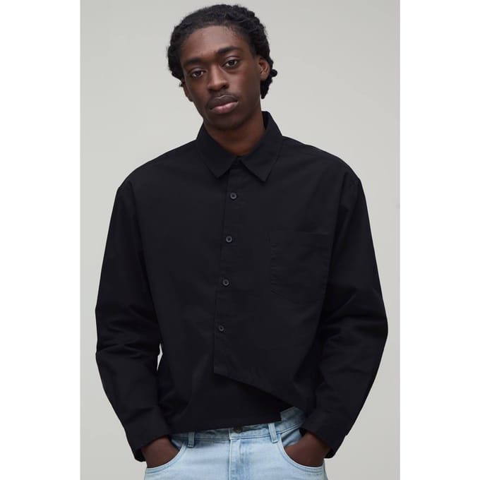 Oversized Boxy Asymmetrisch Knoopslijst Poplin Overhemd | Black | Size Medium