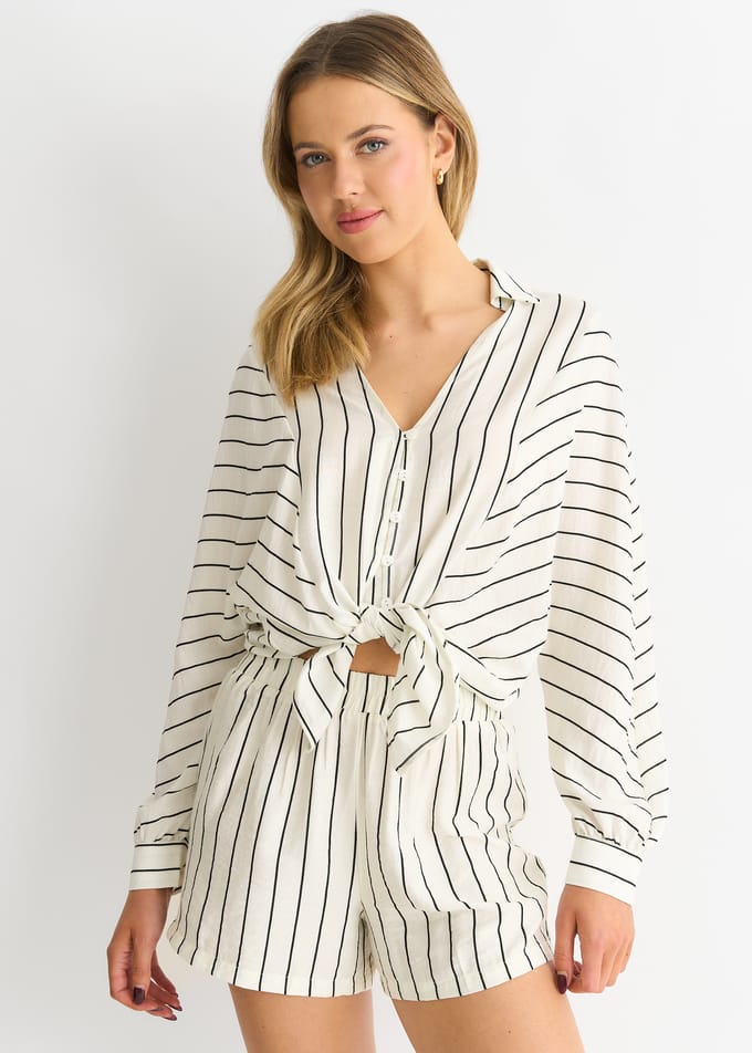 Crème lang mouw Batwing streep shirt