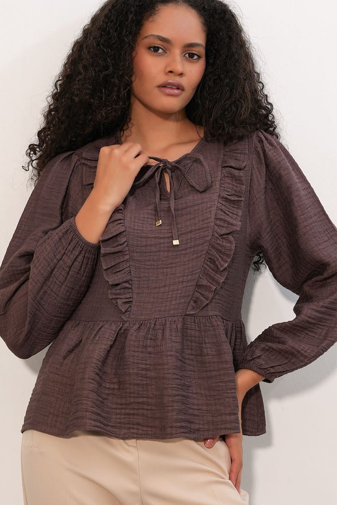 Rimpelige Geweven Blouse Met Strik Sluiting