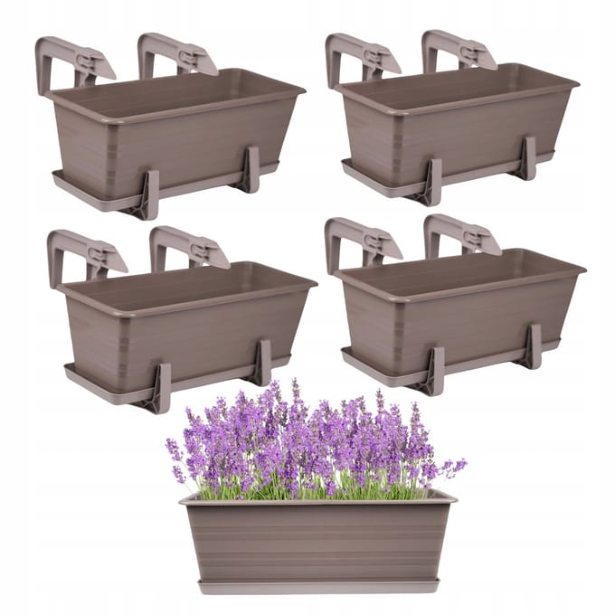 4x Moderne Balkonpot 40cm Beige - Inclusief Onderzetters & Beugels