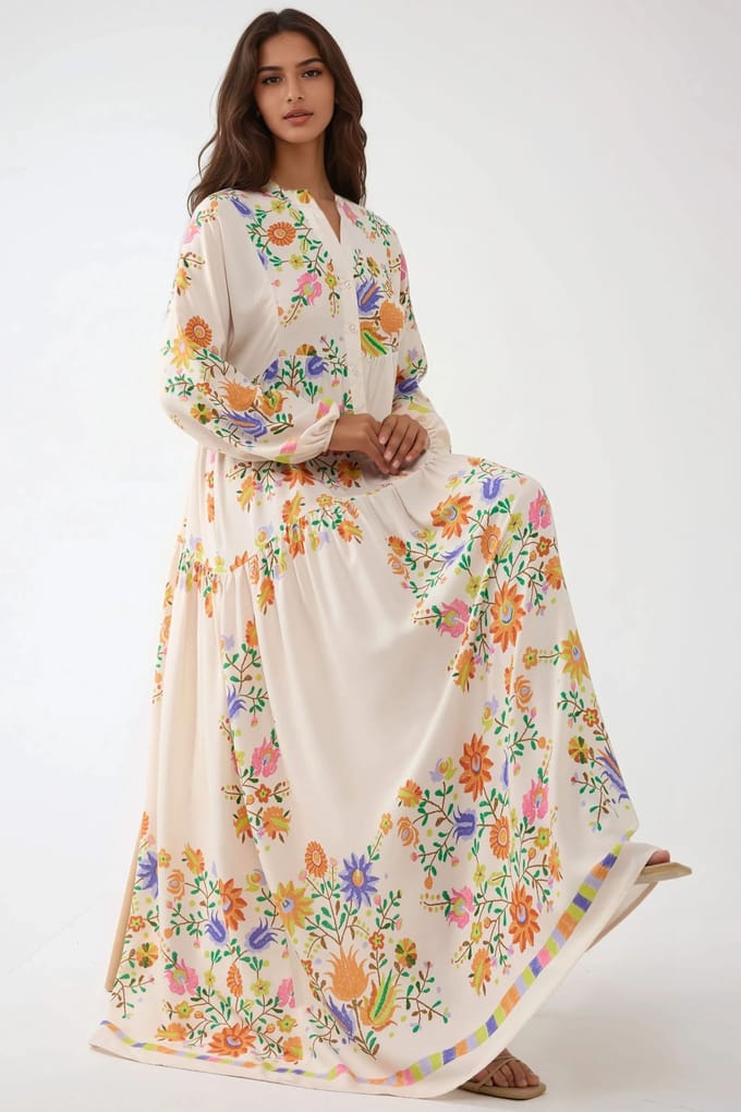 Geprinte V-hals Maxi-jurk met Knopdetail