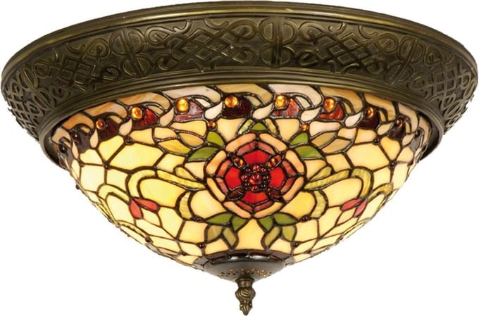 Lumilamp Plafondlamp Tiffany Ø 38x19 cm Rood Groen Glas Roos