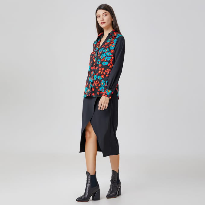 Overhemd met bloemenprint van twee materialen