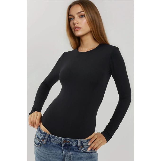 Slim Fit Lange Mouwen Crew Neck Bodysuit met Drukknoopjes