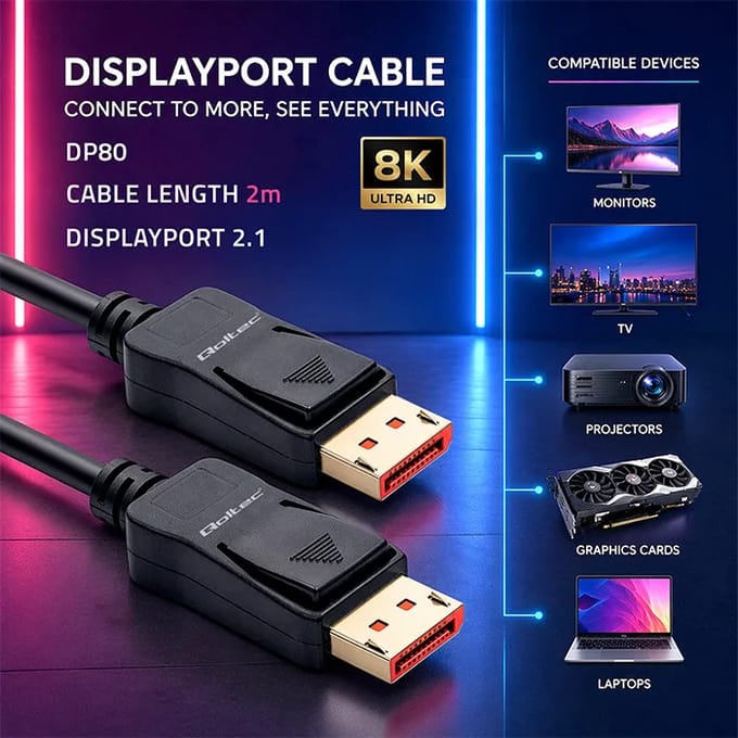 Qoltec DisplayPort v2.1 mannelijk |   DisplayPort v2.1 mannelijk |   8K |   54G |   2m