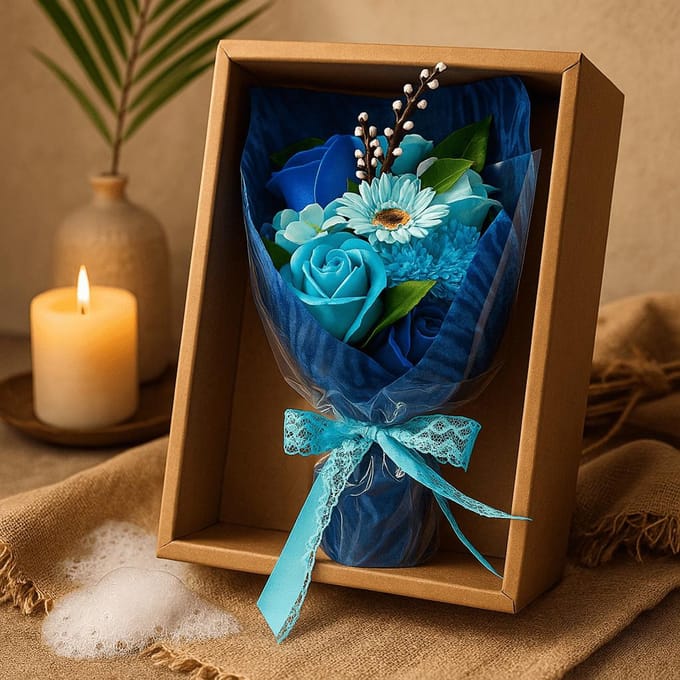 Zeepbloemen Boeket in Box - Blauw - 4 Geurende badrozen