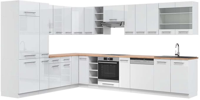 Vicco Hoekkeuken Fame-Line, Wit Hoogglans/Wit, 347 x 257 cm, WB Eik