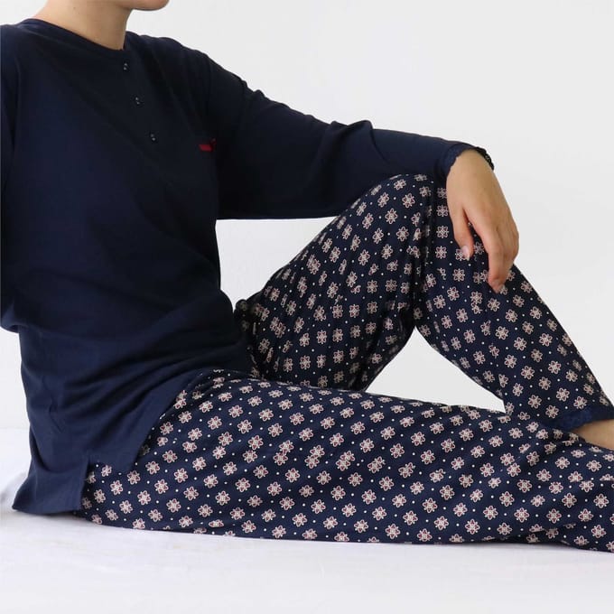 Medaillon Dames Pyjama - Polo Sluiting - Navy Blauw - Maat 3XL