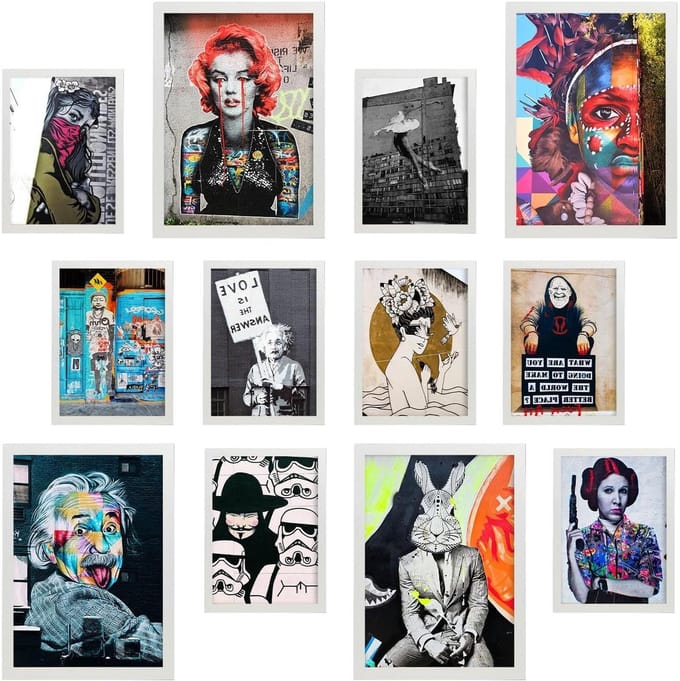Wanddecoratie Set - Poster Set Muurkunst - Woonkamer Aankleden - Inclusief Witte Lijsten - 4xA3 8xA4 - Graffiti