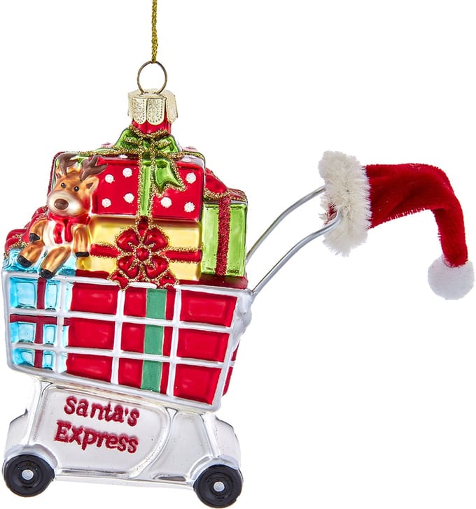 Kurt S. Adler Kerstornament - Winkelkarretje Vol Kerstcadeautjes - glas - rood wit - 14cm