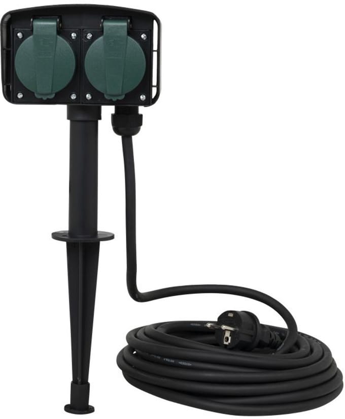 VB Extend Dubbele Tuincontactdoos op Spies - 10 meter Geaard Snoer - Zwart / Groen