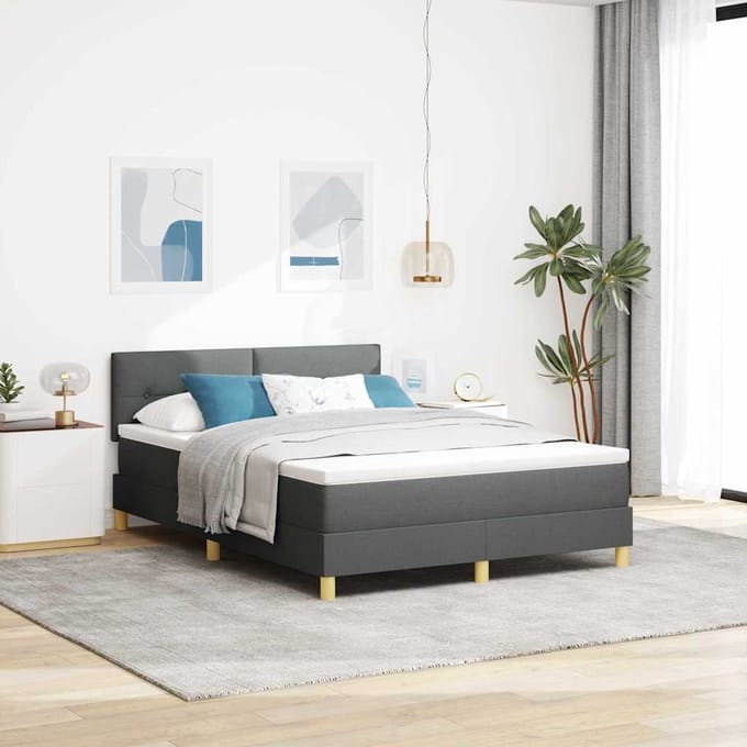 vidaXL - LED - Box - Spring - Bed - met - kussen - Donkergrijs - 140 - x - 190 - cm - Stof