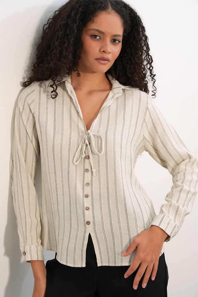 Gestreepte Linnenmix Shirt met Strikdetail