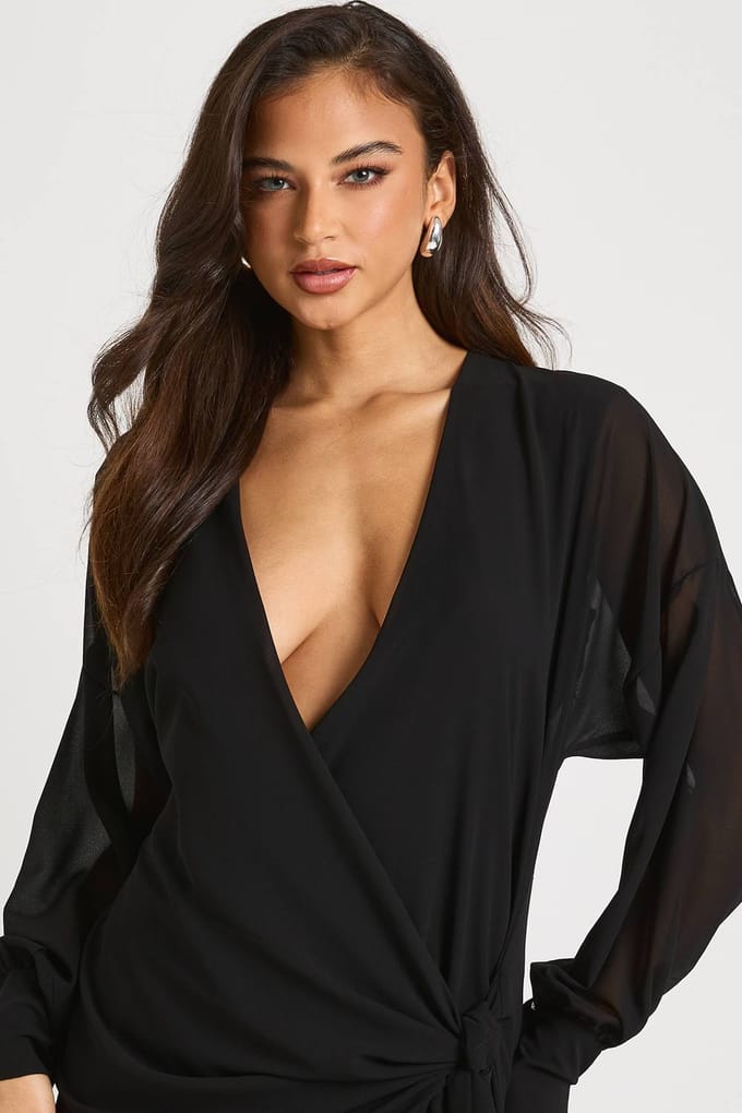 boohoo Dames Mini-wikkeljurk met lange mouwen | Black | Maat: 10