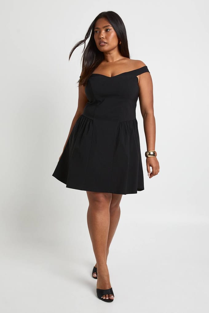 boohoo Dames Plus Bengaline Bardot Skaterjurk | Black | Maat: 22