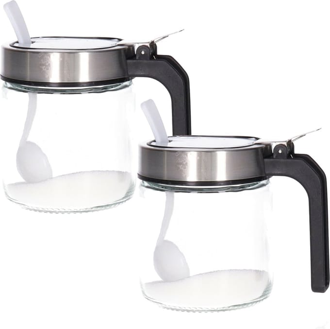 Alessandro Suikerpot - 2x - glas/rvs metaal - transparant/zilver - 8 x 10 cm - luxe uitvoering met lepel - 260 ml