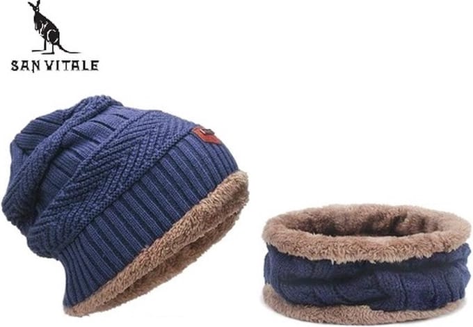 San Vitale® - Muts - Set met Col - Dikste kwaliteit - 180+ gram - Muts Heren - Beanie - Wintermuts - Blauw/Bruin