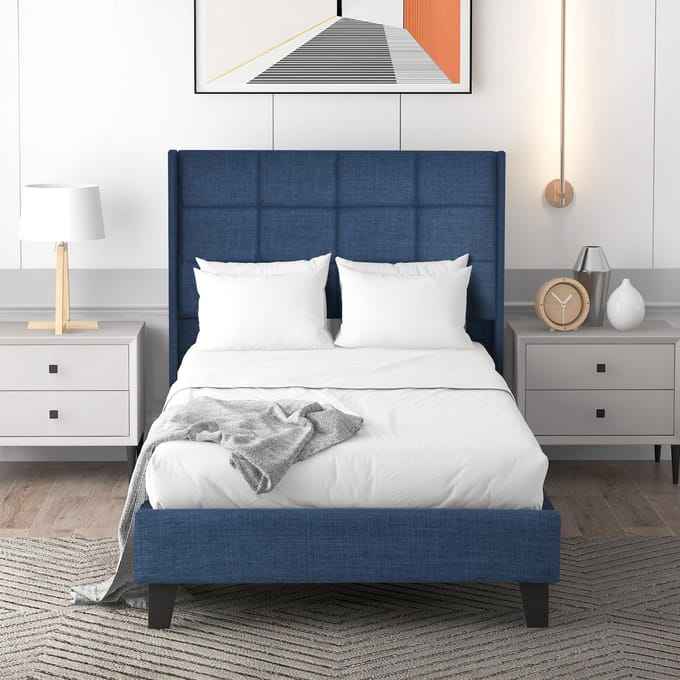 SINGULARITY-Gestoffeerd bed met gestoffeerd hoofdeinde Eenpersoonsbed met lattenbodem- 90x200cm- in blauw linnen- medium stevig Met springverenmatras