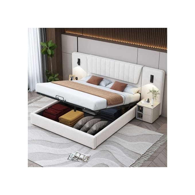 Lit rembourré - MUVOE - 180x200 cm - Beige - Dossier allongé - Lampes de lecture USB beige