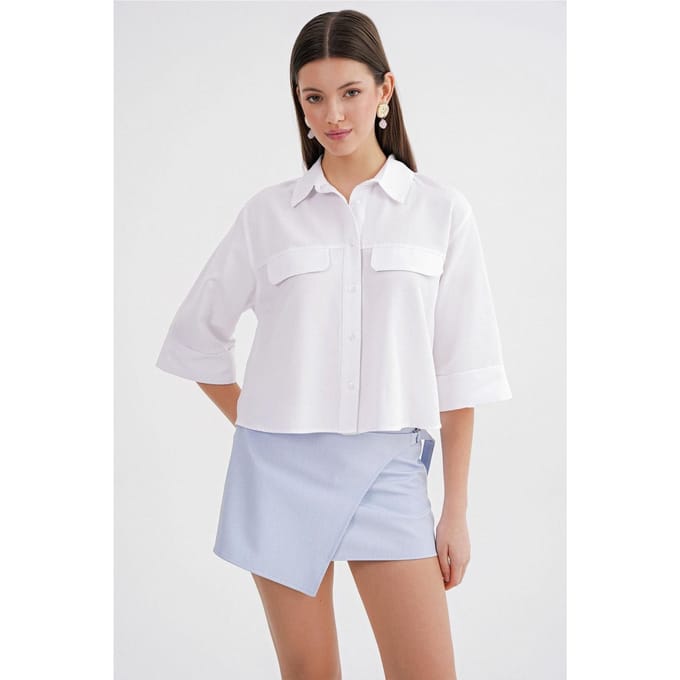 Korte Mouwen Crop Poplin Blouse
