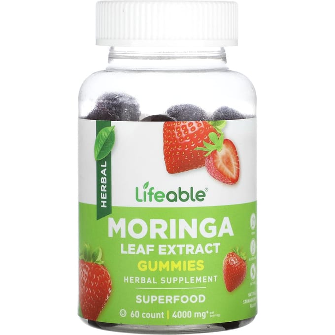 Lifeable, moringabladextract gummies, natuurlijke aardbeiensmaak, 4.000 mg, 60 gummies (2.000 mg per kauwgom)