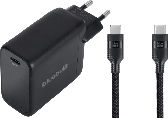 BlueBuilt 100W GaN Usb C Oplader Zwart + Usb C Kabel 240W 2m Nylon Zwart